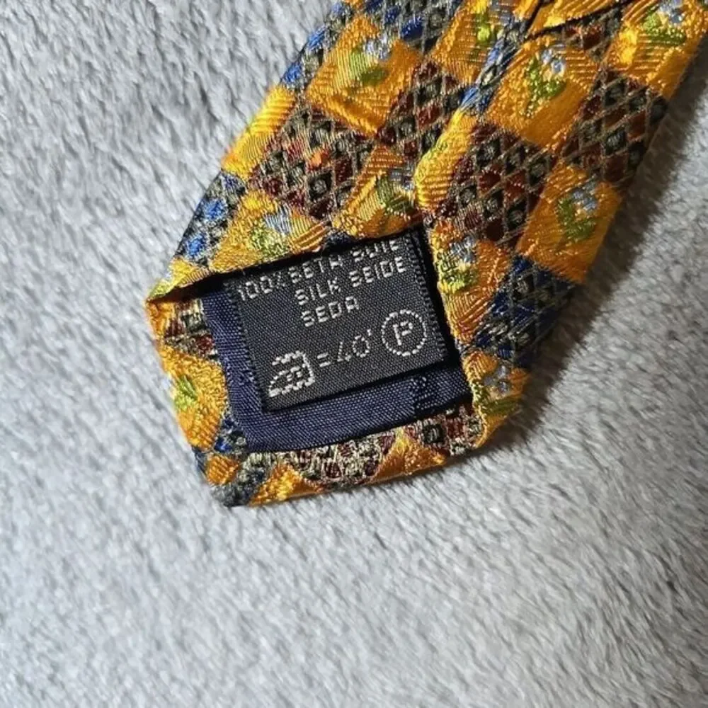 Ermenegildo Zegna Neck Tie‎ Mens Yellow Floral Check 100% Silk Made in Italy